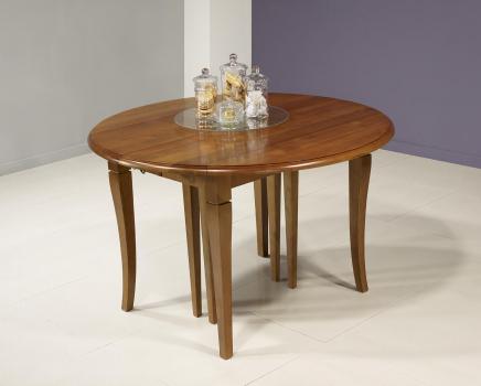 Mesa de comedor redonda extensible y con alas abatibles, diámetro 120cm, fabricada en madera de cerezo macizo al estilo Louis Philippe 